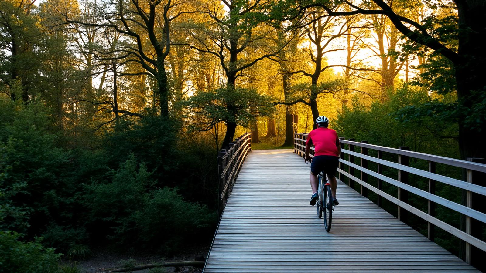 Cyclist on a wooden bridge in the New Forest